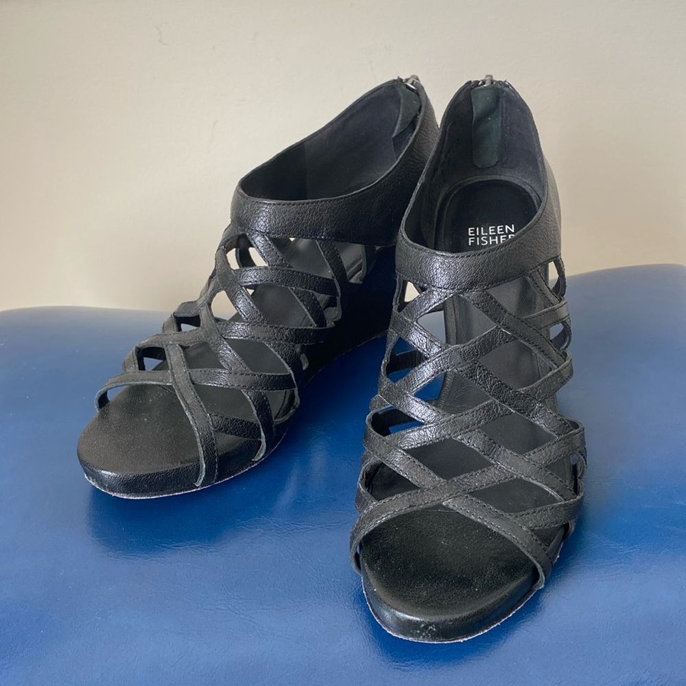 Eileen Fisher Black Leather Cage Lattice Wedges